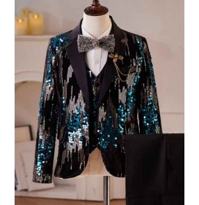  Boys Green sequins jazz dance blazers kids wedding birhday party formal dresses coat British Catwalk host singers Piano performance jacket 